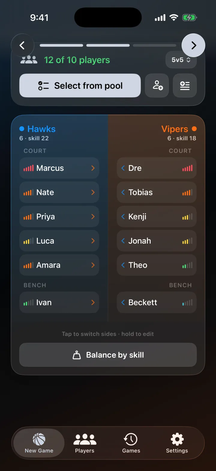 Hoops game setup, balancing two squads by skill